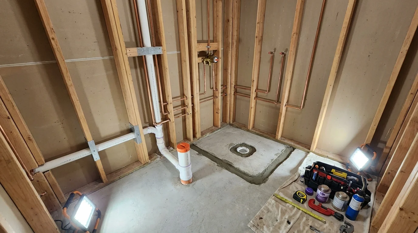 Bathroom rough-in plumbing during remodel by Johns Plumbing LLC in Caddo