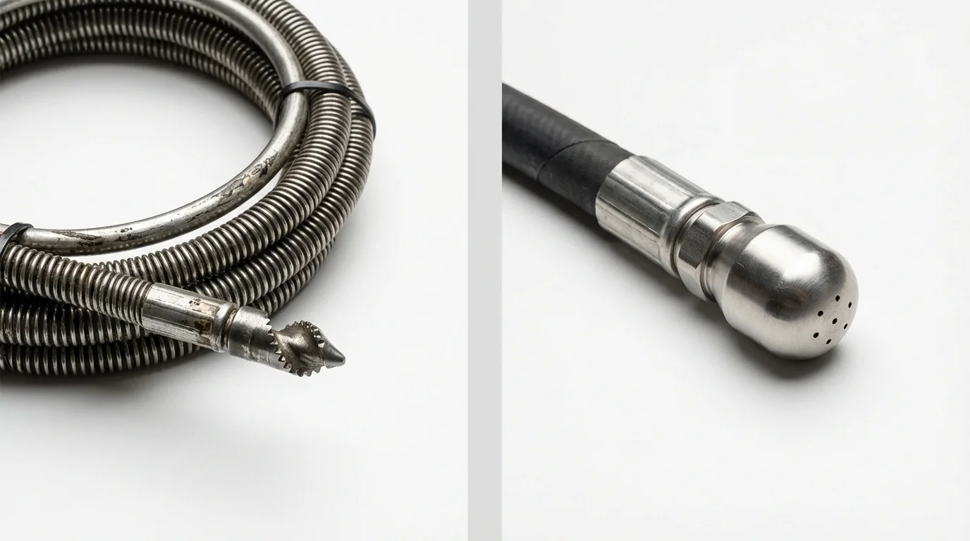 Drain snake cable and hydro jetting nozzle used for drain cleaning in Caddo, OK