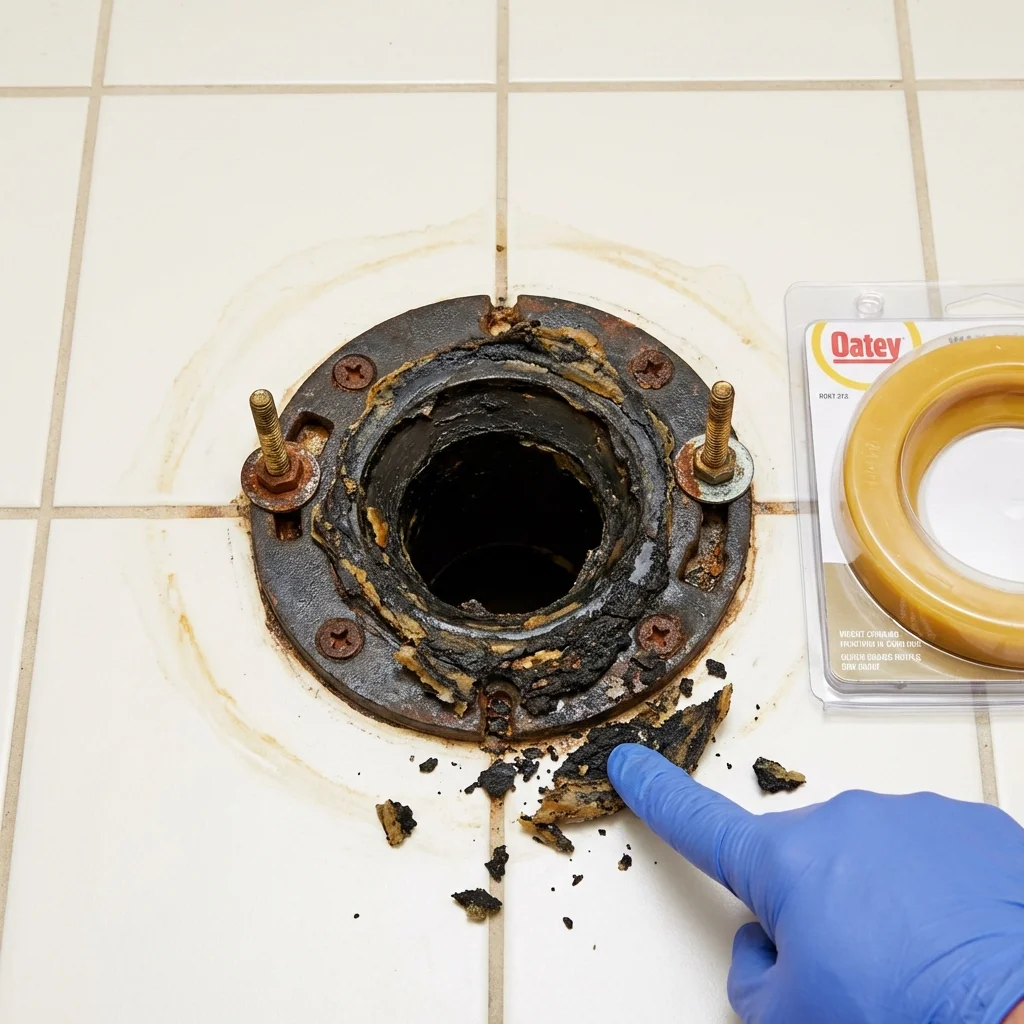 Failed wax ring showing water seepage at the base of a toilet in a Caddo, OK home